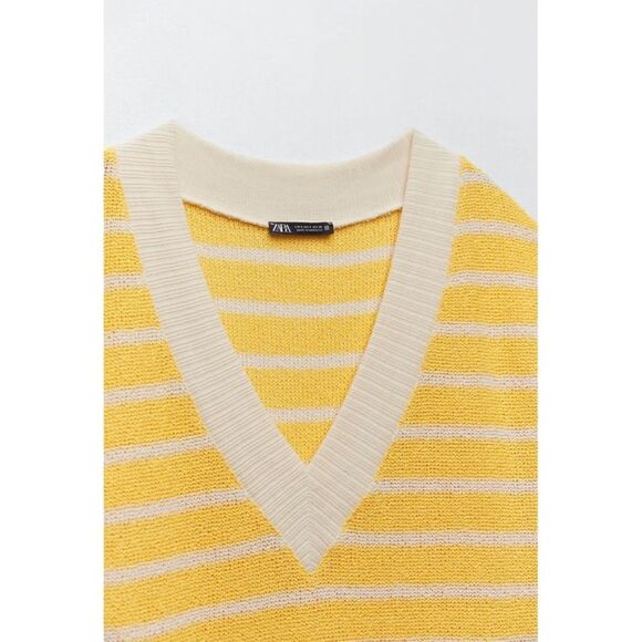 NWT Zara Yellow & White Striped Oversized V-Neck Knitted Sweater Vest, Medium - Picture 10 of 16